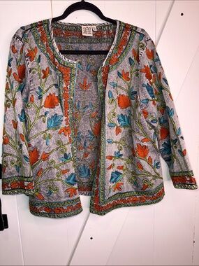 Embroidered Floral Open Cardigan — Gray with Orange & Teal